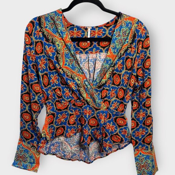 Free People Falling For You Peplum Top XS Faux Wrap Floral Long Sleeve Blue Boho - Picture 3 of 6